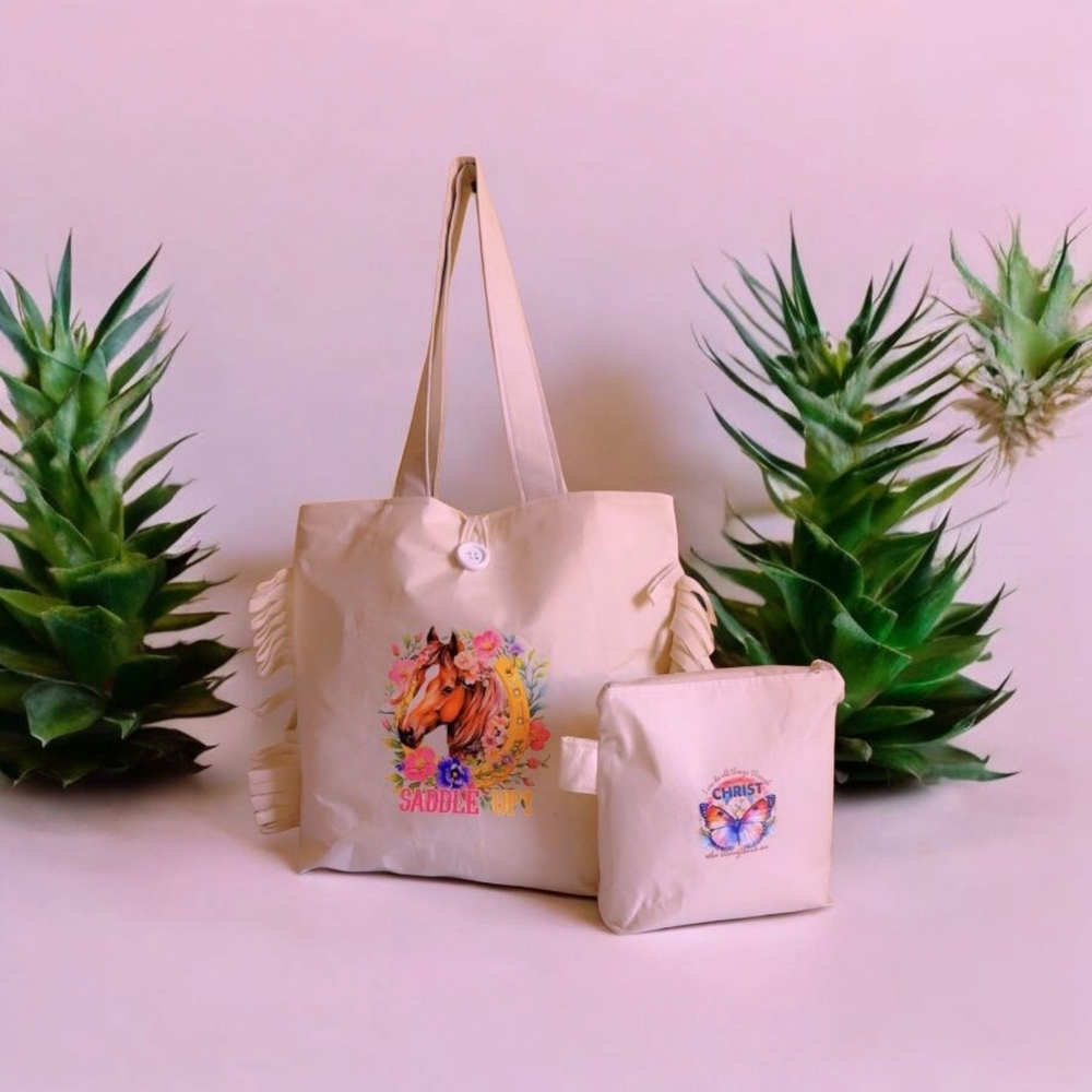 Cream Floral Embroidered Tote Bag with Long Straps